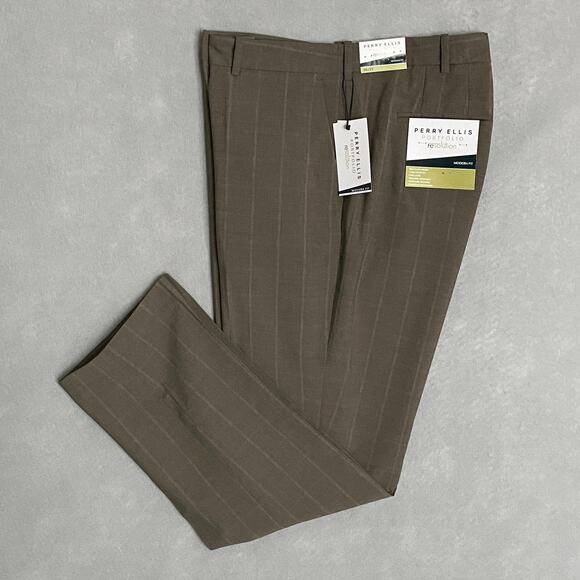 Perry Ellis Portfolio Men's 38x32 Dress Pants Modern Fit Stretch Dark Beige NEW